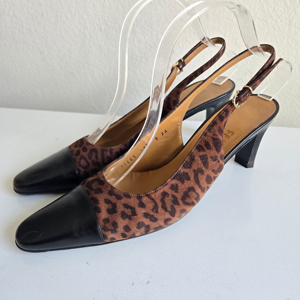 Salvatore Ferragamo Leopard Suede Black Cap Toe Slingback Heels 9 2A DS 73165